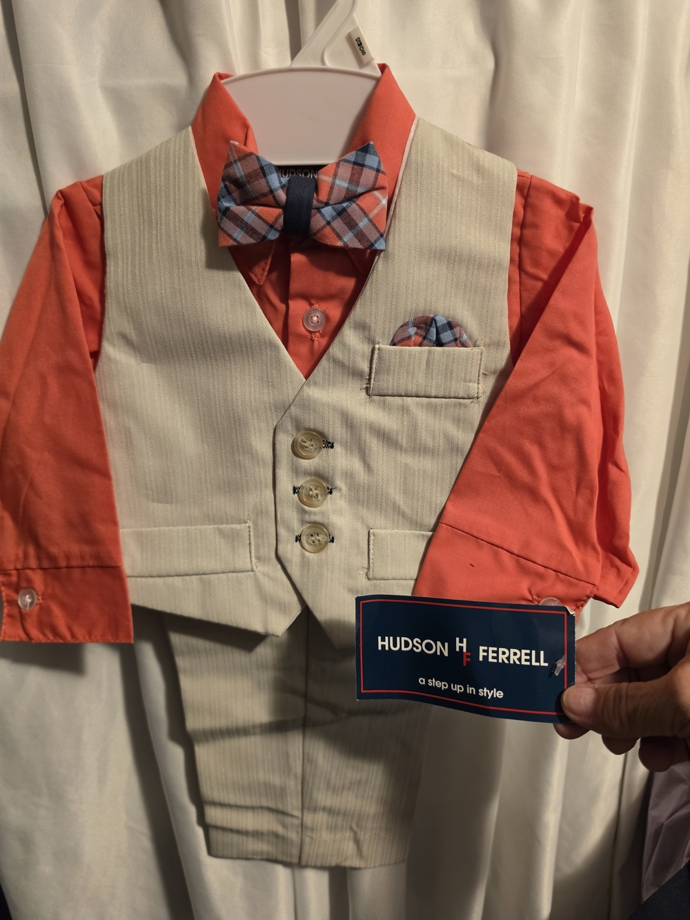 Hudson & Ferrell Boys' Cream Vest Set with Orange Shirt Sz. 12M